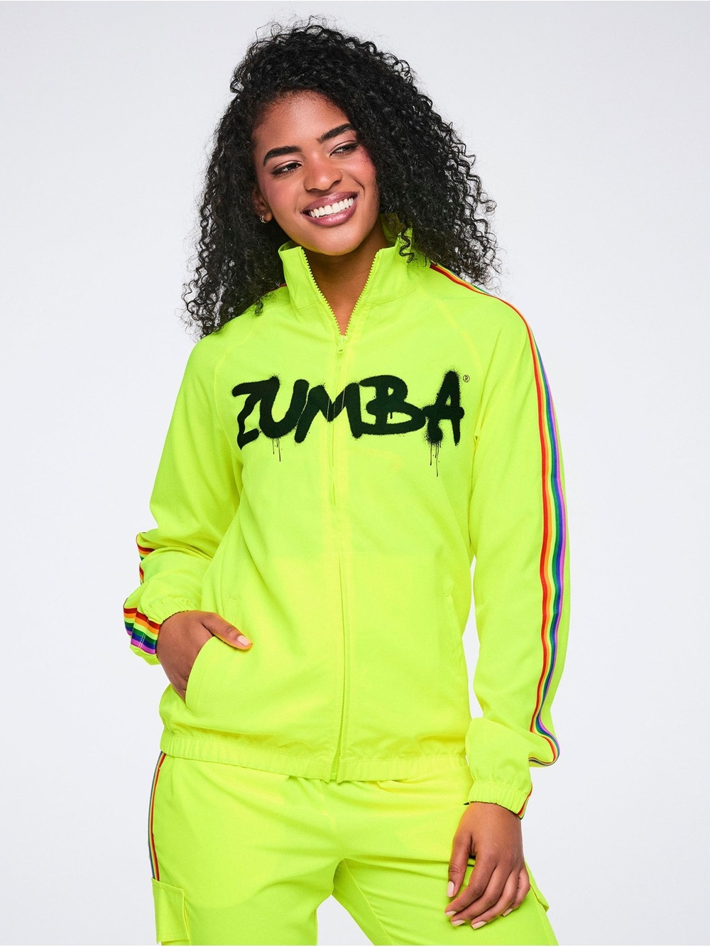 Zumba Fitness Neon Yellow Bomber Jacket with Rainbow Sleeve Stripes